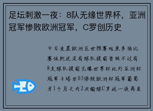 足坛刺激一夜：8队无缘世界杯，亚洲冠军惨败欧洲冠军，C罗创历史